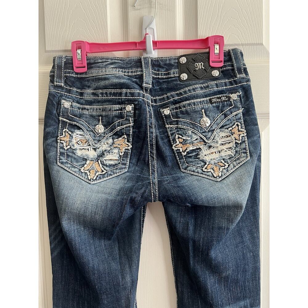 MISS ME Dark Wash Embellished Flap Pockets Mid Rise Straight Jeans Sz 29